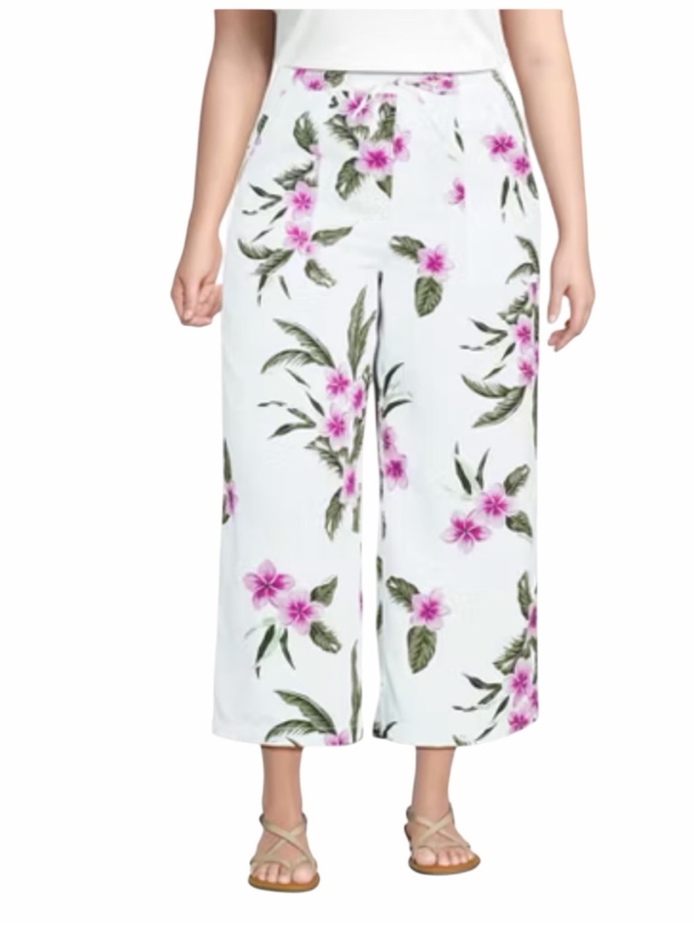 Linen Floral High Rise Drawstring Wide Leg Pant